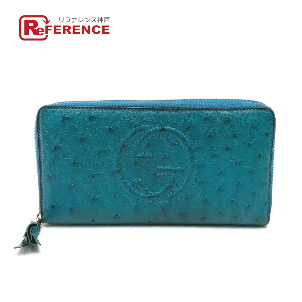 GUCCI Soho Round Zip Long Wallet Tassel Ostrich Leather Blue